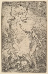 Apollo oikealla pitelee jousia jahtaamassa Daphnea vasemmalla, n. 1538-40.