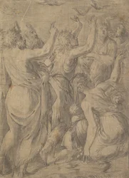 Mooses näyttää viiriäisiä israelilaisille viiriäisten ja mannan ihmeen, n. 1545.