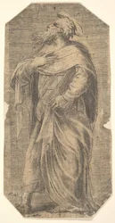 Pyhä Juudas kasvot vasemmalle, kirja vasemman käsivarren alla, kirjasta "Kristus ja apostolit", n. 1548-50.