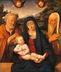 Andrea Solario (1470-1524) Madonna ja lapsi pyhien Joosefin ja Simeonin kanssa, tempera ja öljy paneelille, siirretty kankaalle