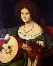 Luutun soittaja, Andrea Solario (n. 1465-1524), öljy kankaalle, 64x52 cm. Italia