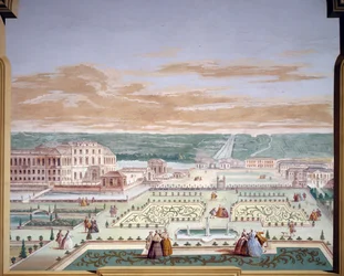 Perspektiivipiirros huvilasta ja kuvitteellisesta puutarhasta, Andrea Urbanin (1711-1798) fresko Villa Pisanissa, Stra, Veneto. Italia