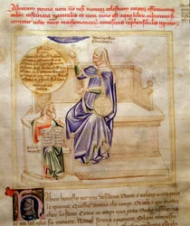 Astrologian tai tähtitieteen allegorioita Bartolomeo di Bartolin teoksessa "Song of the Seven Vertus ja Seven Liberals Arts, jotka on tarkoitettu Bruzio Viscontille" (hyveiden ja tieteiden laulu). Andrea di Bartolin vesiväri (toiminut 1358-1358