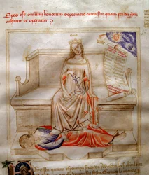 Uskon allegorioita Bartolomeo di Bartolin "" Chansonne des sept virtues et des sept arts liberoux destinee a Bruzio Visconti "(hyveiden ja tieteiden laulussa). Andrea di Bartolin akvarelli (aktiivinen 1358-1368) (ms. 599, fol. 5