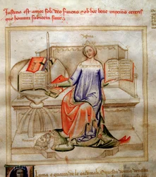 Oikeudenmukaisuuden allegorioita Bartolomeo di Bartolin teoksessa "" Chansonne des sept Vertus et des sept Arts liberales, joka on määrätty Bruzio Viscontille "" (Hyveiden ja tieteiden laulu). Andrea di Bartolin akvarelli (aktiivinen 1358-1368) (ms. 599, f