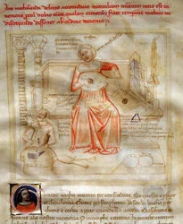 Musiikin allegorioita Bartolomeo di Bartolin teoksessa "" Chansonne des sept Vertus et des sept Arts liberales destinee à Bruzio Visconti "(Laulu hyveistä ja tieteistä). Andrea di Bartolin vesiväri (toimii vuosina 1358-1368) (ms. 599, fol.