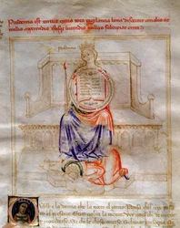 Varovaisuuden allegorioita Bartolomeo di Bartolin teoksessa "Chansonne des sept Vertus et des sept Arts liberales, joka on määrätty Bruzio Viscontille" (hyveiden ja tieteiden laulu). Andrea di Bartolin akvarelli (aktiivinen 1358-1368) (ms. 599, fol