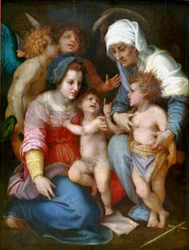 Madonna ja lapsi Pyhän Elisabetin, Pyhän Johanneksen ja kahden enkelin kanssa Andrea del Sarton (1486-1530) maalaus puulle 1515-1516 Su. 141x106 cm Pariisi, Musee du Louvre