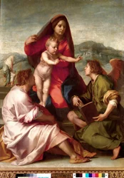 Madonna della Scala. Pyhä perhe enkelin kanssa. Andrea del Sarton (1486-1531) maalaus 1522-1523 su. 1,77x1,35 m Madrid, Prado-museo