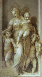 Hyväntekeväisyys, yksityiskohta Andrea del Sarton (1486-1530) Stories of St Johnista, fresko yksivärisessä Scalzon luostarissa, Firenzessä