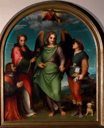 Arkkienkeli Rafael, Saint Leonard, Tobie ja sponsori polvistumassa (maalaus