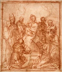 "Madonna ja lapsi valtaistuimella kahdeksan pyhimyksen kanssa" (Tronistuneella Madonna lapsen ja kahdeksan pyhimyksen kanssa (Sävellystutkimus)) Andrea del Sarton (1486-1531) sangviinipiirustus 1528 Sanguine paperille Koko 15,6x13,5 cm Staatliche Museen, B