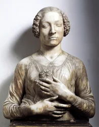 Nainen kukkakimpun kanssa. Marmoriveistos, noin 1475-1480. Korkeus 58 cm. Firenze, Museo Nazionale del Bargello