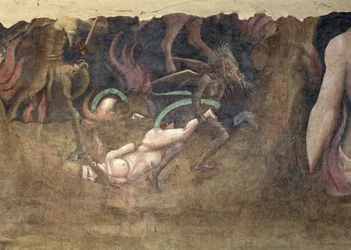 Kuoleman riemuvoitto, yksityiskohta paholaisesta, joka kantaa syntisen helvettiin, 1348