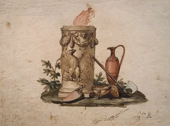 Pylväsmuotoinen parranajo, koristeltu festooneilla ja kotkalla, leikkausaseilla, kupilla ja amforalla, maalaus Andrea Appiani (1754-1817), Italia