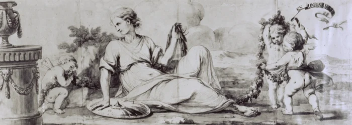 Naishahmo putilla, allegorinen sommitelma, n. 1754, suunnittelija Andrea Appiani (1754-1817) lipasto-toimistoon, Giuseppe Maggiolini, Italia
