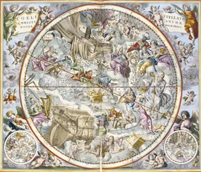 Julius Schillerin esittämien kristillisten tähdistöjen kartta teoksesta Taivaallinen atlas eli maailmankaikkeuden harmonia, Atlas coelestis seu harmonia macrocosmica, julkaisija Joannes Janssonius, Amsterdam