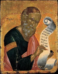 Pyhä Johannes Evankelista kirjoittamassa ilmestyksiään - Ikoni Andreas Ritzos (1421-1492), tempera puulla (24x23,4 cm), noin 1455 - Benaki-museo, Ateena (Kreikka)