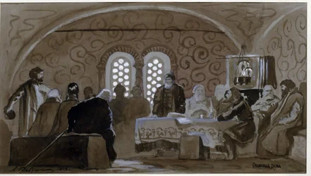 Duuma Boyars (boiards, boiars) aikana (The Boyar Duuma). Kiovan Venäjän ruhtinaiden neuvottelukunta (Ruthenia) Venäjän tsaari Mikael I:n aikaan (1596-1645). Andrei Petrovitš Rjabushkinin (Riaboutchkine) (1861-1904) teos, aquare