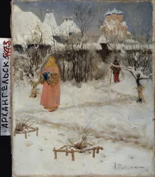 Boyard-tytön kävely (boiard, boiar). Andrei Petrovitš Rjabuškin (Riabutchkin) (1861-1904) maalaus öljy kankaalle