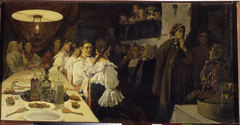 Odotetaan morsiusparin paluuta kirkosta Novgorodin maakunnassa. Andrei Petrovitš Rjabushkin (Riabutchkin) (1861-1904) maalaus, öljy kankaalle