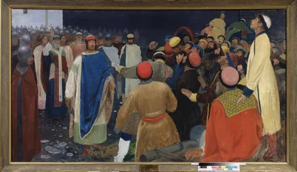 Prinssi Gleb Svjatoslavitsh (kuoli 1079) tappaa volkhven (slaavilainen taikuri) vechessä Novgorodissa. Andrei Petrovitš Rjabuškin (Riabutshkin) (1861-1904) maalaus öljy kankaalle