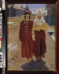 Vieraileva retki. (pari eleganttia bojaaria (boiaaria, boiaaria) perinteisissä vaatteissa kävelemässä puutalokylän kadulla.) Andrei Petrovitš Rjabushkinin (Riaboutchkine) maalaus (1861-1904), öljy kankaalle
