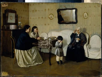 Perheaamu, opeta lapsi rukoilemaan - Andrei Antipovitš Rumjantsevin (?-1907) maalaus öljy kankaalle