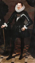 ""Espanjan kuninkaan Philip III:n muotokuva"" (Espanjan ja Portugalin kuninkaan Philip III:n (1578-1621), Espanjan ja Portugalin kuninkaan muotokuva) Andres Lopez Polancon (?-1641) maalaus noin 1617 Öljy kankaalle Koko 181x103 cm Skoklosterin linna