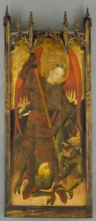 Pyhä Mikael taistelee lohikäärmettä vastaan, noin 1400 (tempera paneelille).