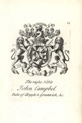 Oikeanpuoleisen aatelisen John Campbellin, Argyllin ja Greenwichin toisen herttua, vaakuna ja vaakuna,