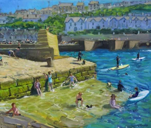 Fun in the harbour, Porthleven, Cornwall, 2021 (öljy kankaalle)