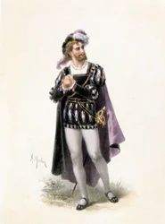 Basse, Colin, Faustin roolissa Charles Gounodin (1818-1893) oopperassa "Faust". Piirustus A. Morton. 1800-luvulla.