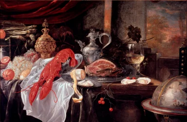 Andrea Benedettin (1620-?) Faenzan asetelma hummeri, kinkku ja hopeaesineet, Kunnan taidegalleria