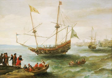 Algerialainen ankkuroitu satamaan Barbaarissa (eurooppalaiset antoivat nimityksen Pohjois-Afrikan rannikolle 1500-luvulta 1800-luvulle). Andries van Eertveltin (1590-1652) öljymaalaus.