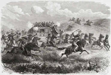 Intiaanit hyökkäävät mannertenvälisen postivaunun kimppuun vuonna 1867, kuvitus Charles Laplanten (k.1903) kaiverruksesta "The World in the Hands", julkaistu 1878.