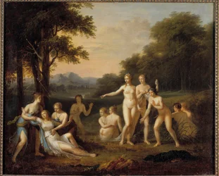 Diana saa selville Kalliston raskauden. Angelika Kauffmannin (1740-1807) maalaus, 1700-luku. Mitat: 0,46 x 0,56 m. Tours, taidemuseo