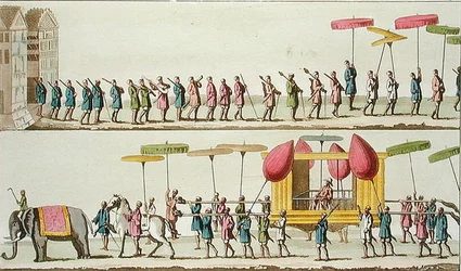 Burman kuninkaan kulkue, kuvitus Giulio Ferrarion teoksesta "Le Costume Ancien et Moderne", julkaistu noin 1820-30-luvulla (värinen kaiverrus)