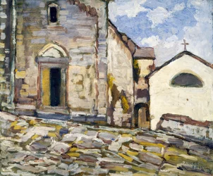 Kirkon julkisivu, kirjoittanut Angelo Balbi (1872-1939). Italia, 1900-luku.