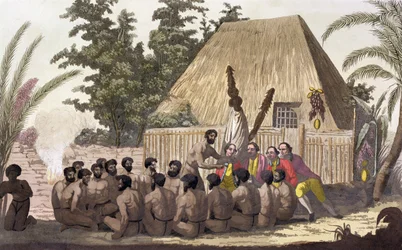 "Kapteeni Cook tarkkailee uhria, Sandwich Islands", 1778-1779 1800-luku