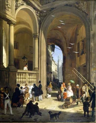 Milano, Piazza Mercanti, Angelo Ingannin maalaus, noin 1825.