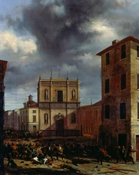 Brescian kymmenen päivää, Angelo Inganni (1807-1880), öljy kankaalle, 38x45 cm