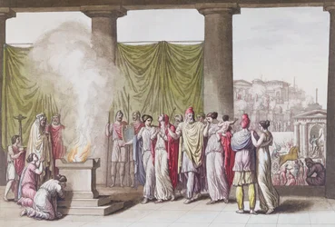 Priamin perhe Hectorin lähdön jälkeen Jules Ferrarion teoksesta "Le Costume Ancien ou Moderne", kaiverrus A. Biasioli, Milano n. 1820 (värikaiverrus)