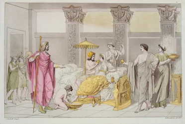 Ulysseksen ja Penelopen häät, kuvitus Jules Ferrarion teoksesta Le Costume Ancien ou Moderne, kaiverrus A. Biasoli, Milano 1821 (värikaiverrus)