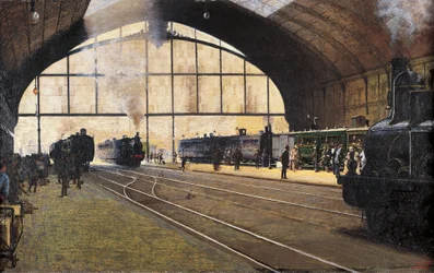 Central Station, Milan, Angelo Morbelli (1853-1919) Öljy kankaalle