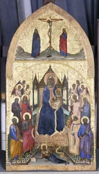 Valtaistuimella Madonna ja lapsi enkelien ja pyhien kanssa, n. 1360-70 (tempera poppelipuulla)