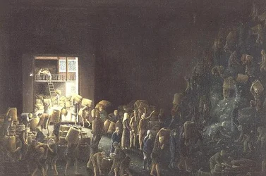 Teearkkujen täyttö; ja teen valmistus ensimmäisessä prosessissa, n. 1820 (yksi parista) n. 1820