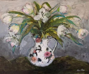 Valkoiset tulppaanit rautakivikannussa, 2019 (akryyli)