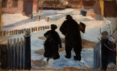 Michael Ancher matkalla työhuoneeseensa urkuri Helene Christensenin säestämänä.