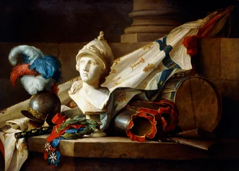 Minervan rintakuva panssarineen ja aseineen kivireunassa, 1777